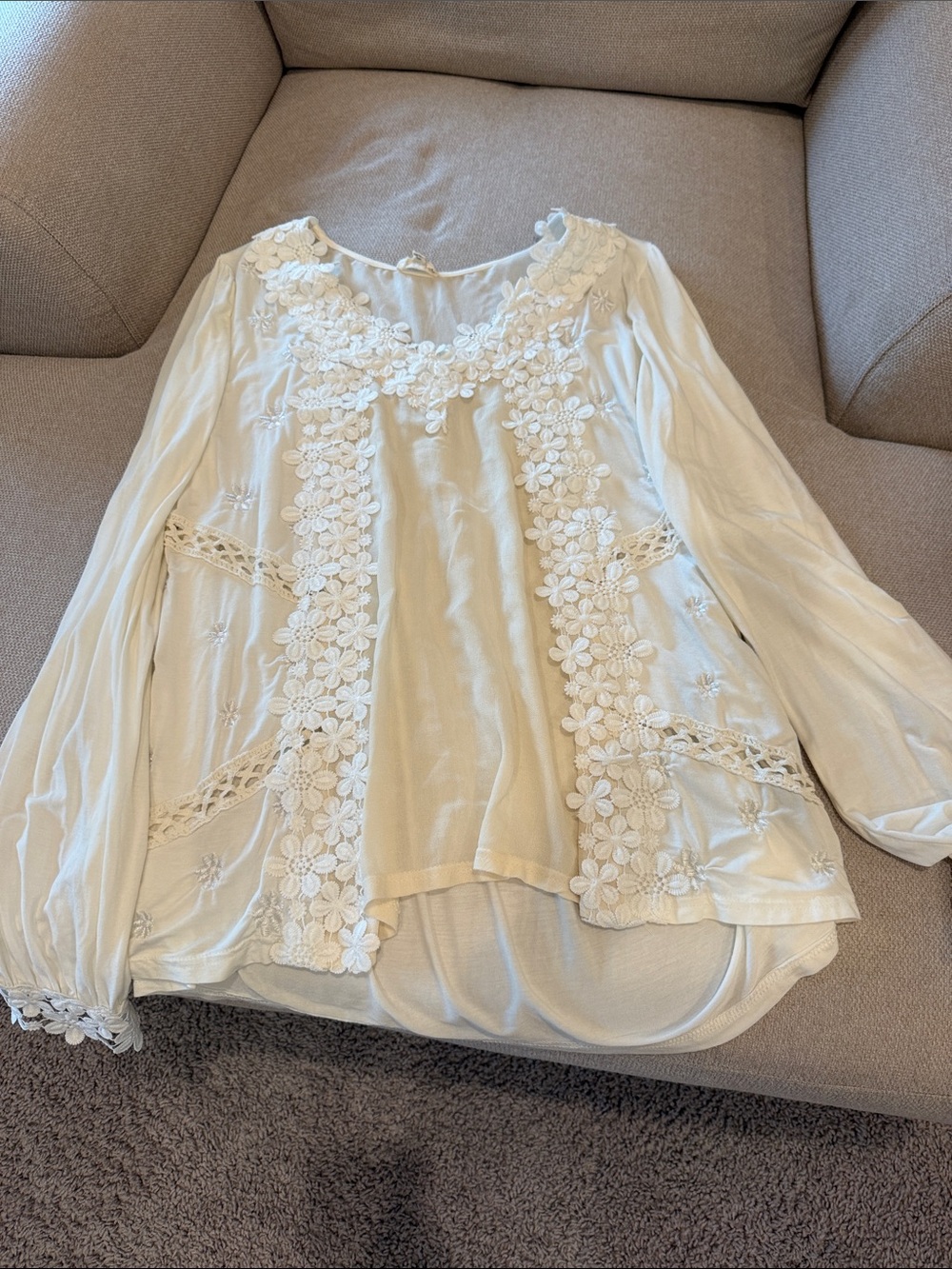 Anthropologie-Boho Lace-Trim Peasant Blouse - Cream
